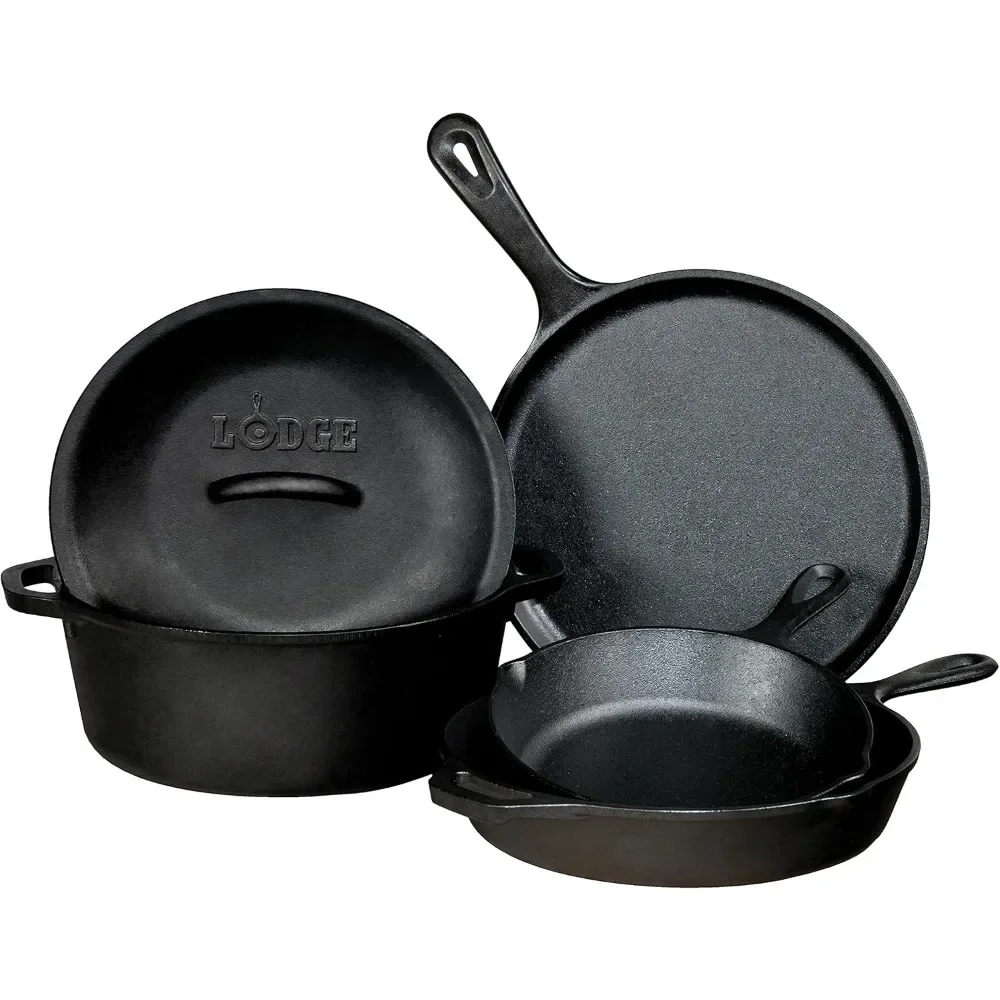 

Seasoned Cast Iron 5 Piece Bundle. 10.5" Griddle, 8" Skillet, 10.25" Skillet, 10.25" Dutch Oven, and 10.25" Lid,Black