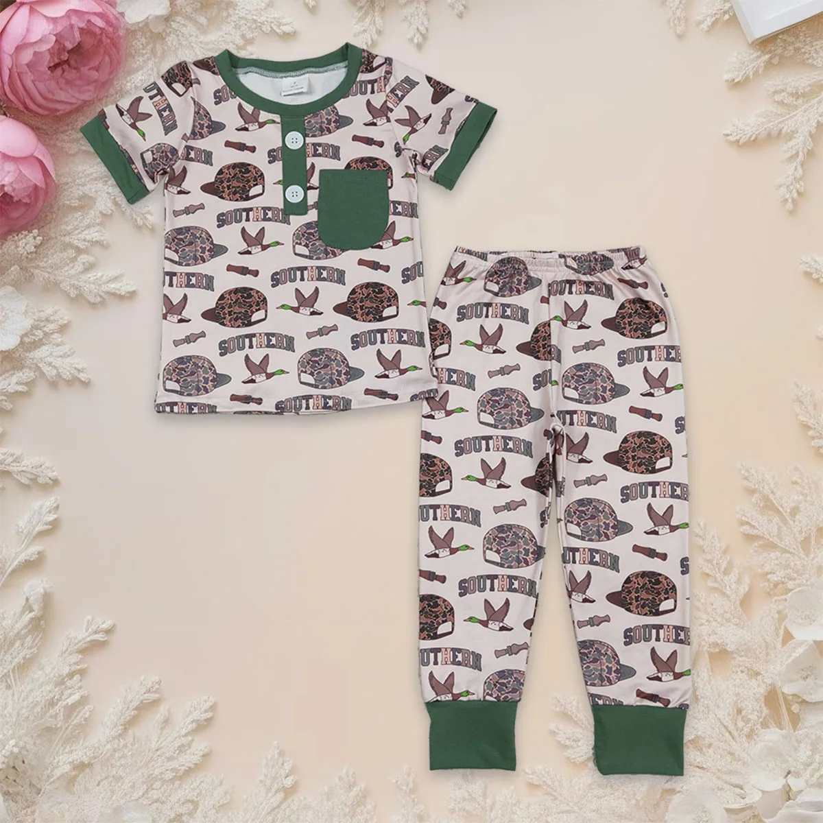 

Toddler Baby Boy Hats Ducks Pocket Southern Camo Short Sleeve Tops Kids Pajamas Sets Leggings Pants Casual Outfit Clothing