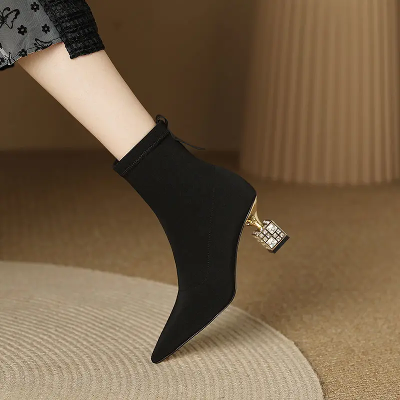 Rhinestone Heels Socks Boots Women Stretch Fabric Elastic High Heel Pointed Toe Ankle Boots Shoes Woman Botas Feminina