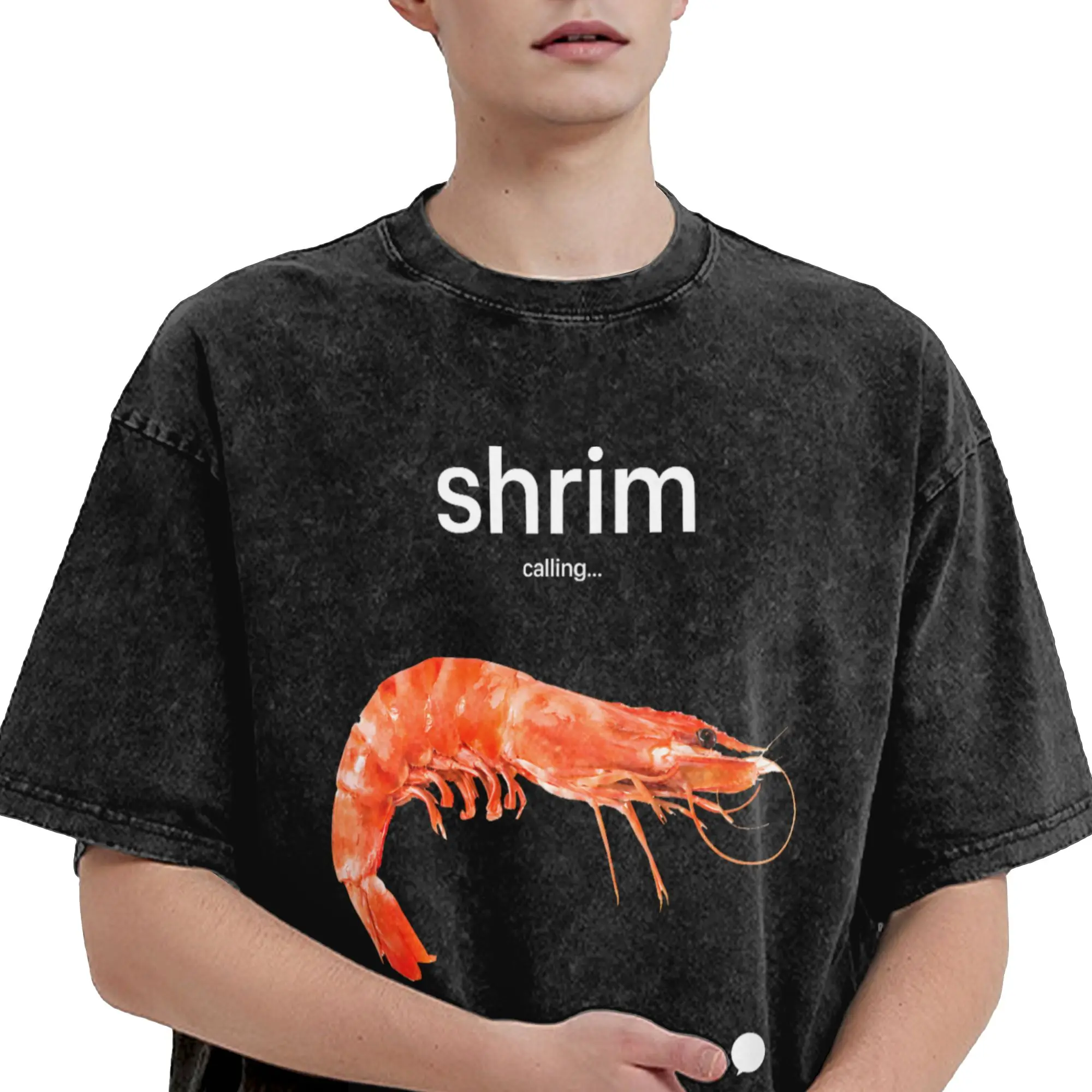 Shrim Calling Funny Meme Washed T-Shirt Men  Y2K Retro Cotton T-Shirts Summer Crewneck Harajuku Tees Pattern Plus Size Tops