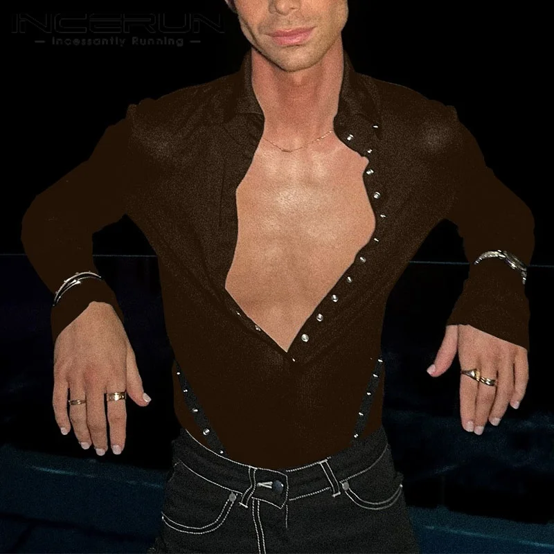 INCERUN Męska Koszula Patchworkowa z Klapami, Długi Rękaw, Zapinana na Guziki, Casualowa Odzież Męska, Camisas Streetwear, Moda Męska 2025, Koszule Męskie S-3XL