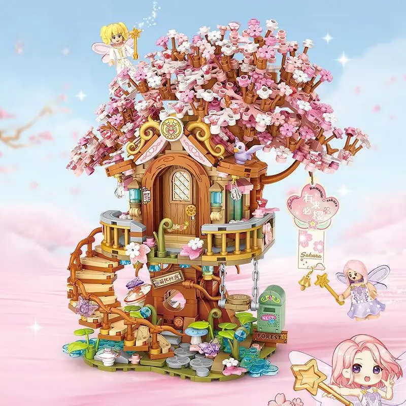 Diy casa de árvore de flor de cerejeira com partículas em miniatura montado bloco de construção modelo brinquedo bonito presente da menina brinquedo das crianças