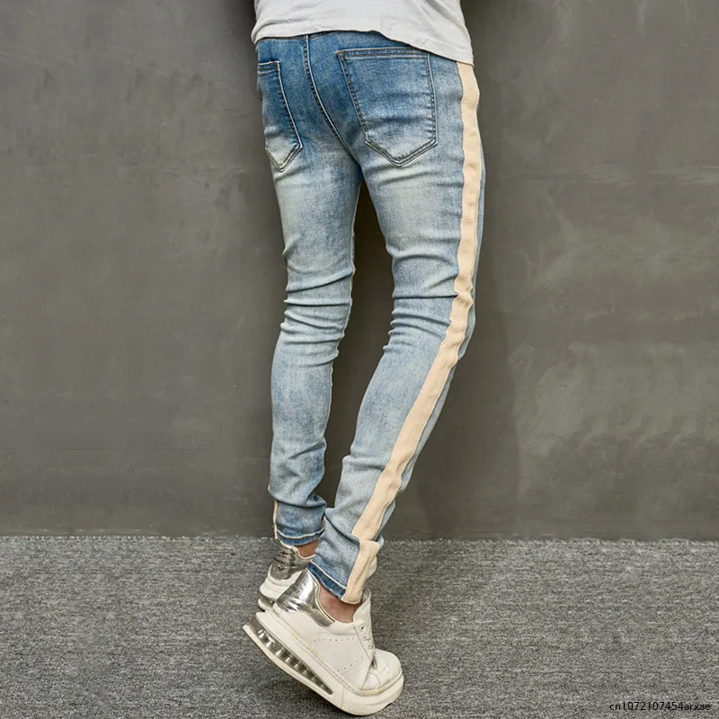 Heren Lente Stijlvolle Patchwork Slim Potlood Jeans Broek Mannelijke Streetwear Effen Kleur Casual Denim Broek