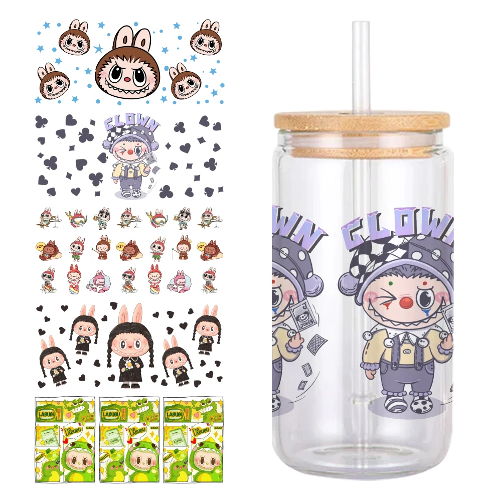 Cartoon Design Lovely Labubu Pattern UV DTF Transfer Sticker Waterproof Transfers Decals For 16oz Glass Cup Wrap Stickers