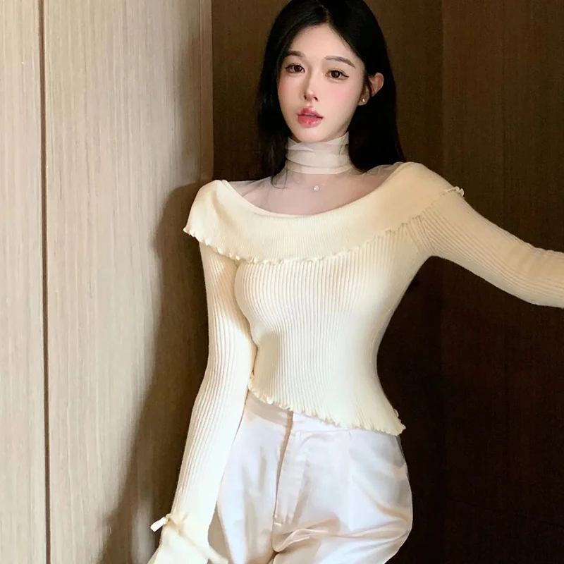Chicไม่สม่ําเสมอถักPulloversผู้หญิงHottieตาข่ายPatchwork Bottomingเสื้อแฟชั่นฤดูใบไม้ร่วงSlim Fit Elegantหญิงเสื้อ