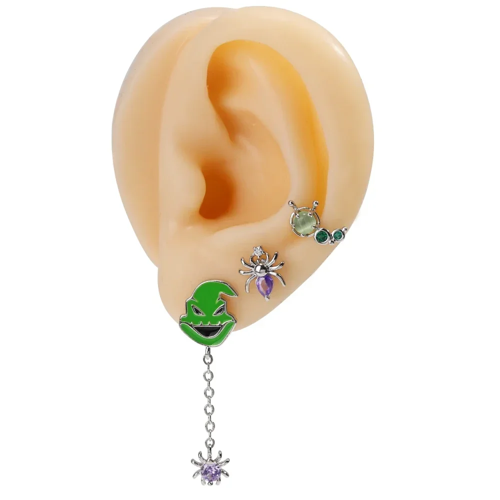New Ins Punk Fashion Zircon Funny Cute Enamel Green Spider Ghost Cartoon Stud Earrings for Women Girls Party Jewelry Gifts view 5