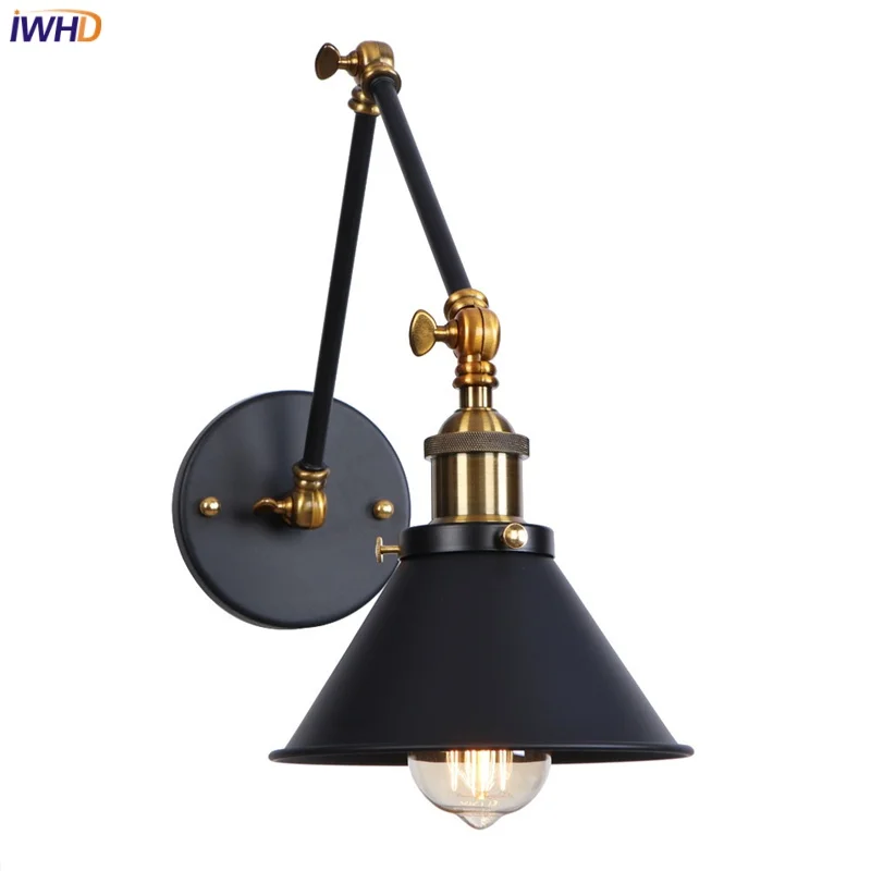 IWHD Industrial Loft LED Wall Lights Fixtures Interior Home Decor Bedroom Bedside Lamp Black Vintage Long Swing Arm Mirror Light