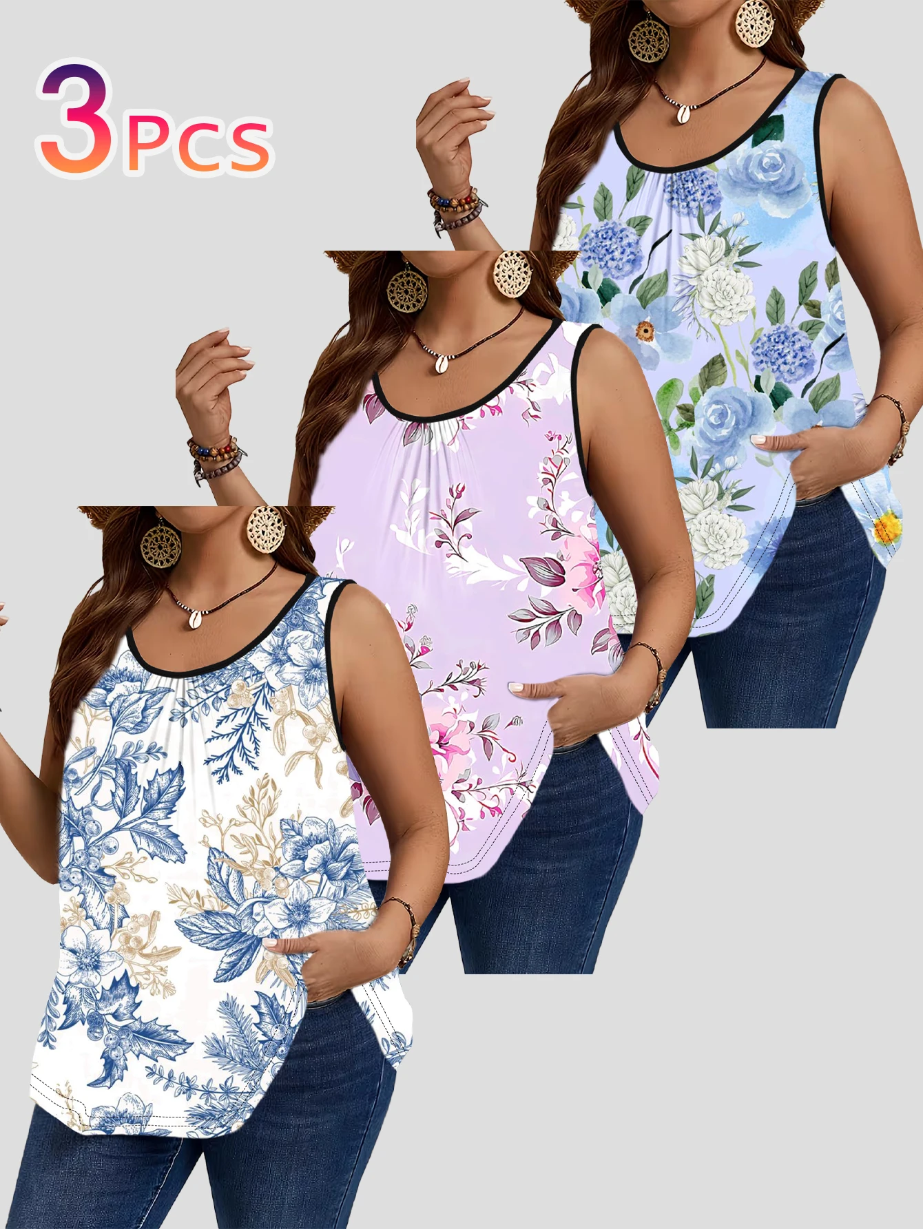 3-Piece Set of Plus-Size Sleeveless Vests with Watercolor Rose Floral Print, Gentle and Fresh Loose-Fitting Camisole Tops That Cover the Body