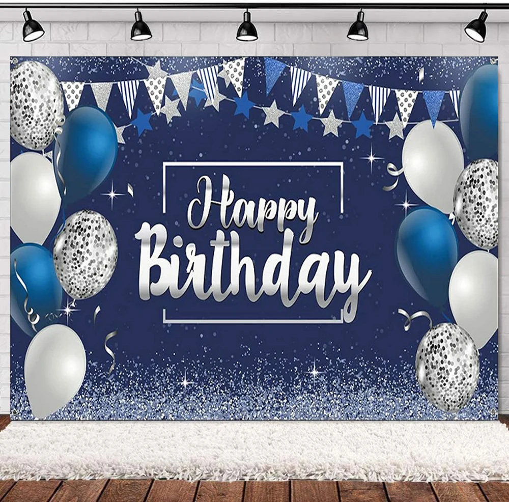 Happy Birthday Photography Backdrop Navy Blue And Silver Glitter Sign Banner Party Supplies Photo Background For Men Women