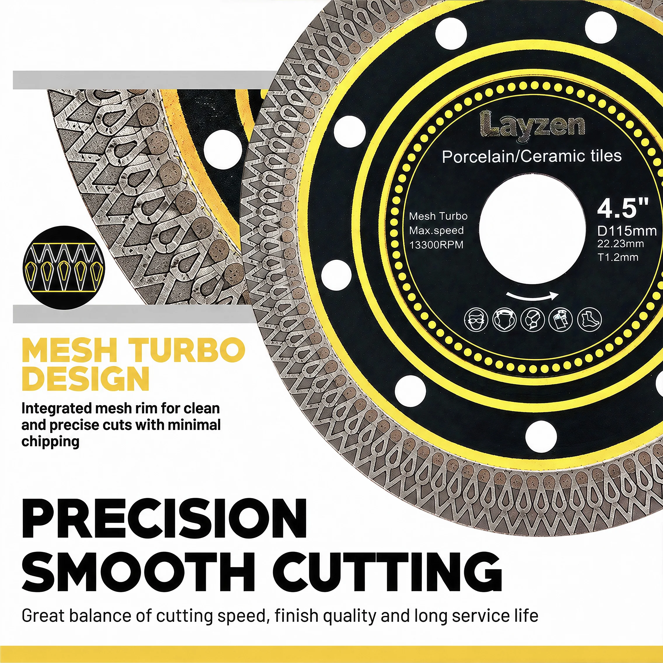 Layzen 115mm 4.5 Inch Super Thin Diamond Tile Blade Mesh Turbo for Angle Grinder Wet Dry Porcelain Ceramic Granite Marble