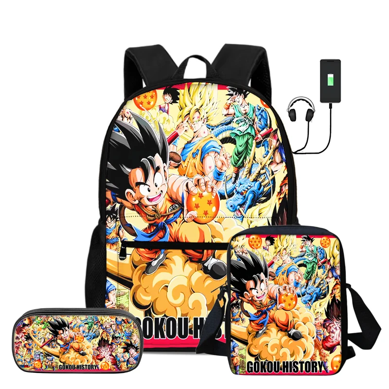 Juego de 3 piezas de mochila Dragon Ball con bolso de hombro, bolsa para lápices, mochila escolar para niños, mochila Super Saiyan Goku