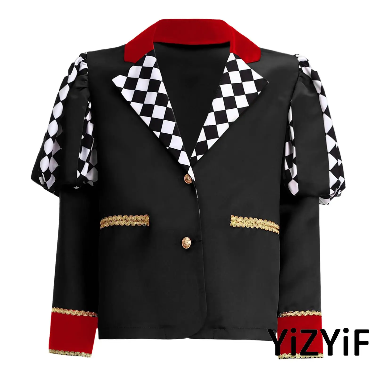 

Girls Royal Coronation Garb Velvet Contrast Coat Opulent Gold Web Decor Puffed Sleeves Overcoat Themed Event Essential Attire