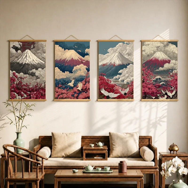 Wall Art Home Decor Japanese Ukiyo‑e Mount Fuji Crane Hanging Scroll Zen Wall Decor for Tea Room Japanese Style Living Room