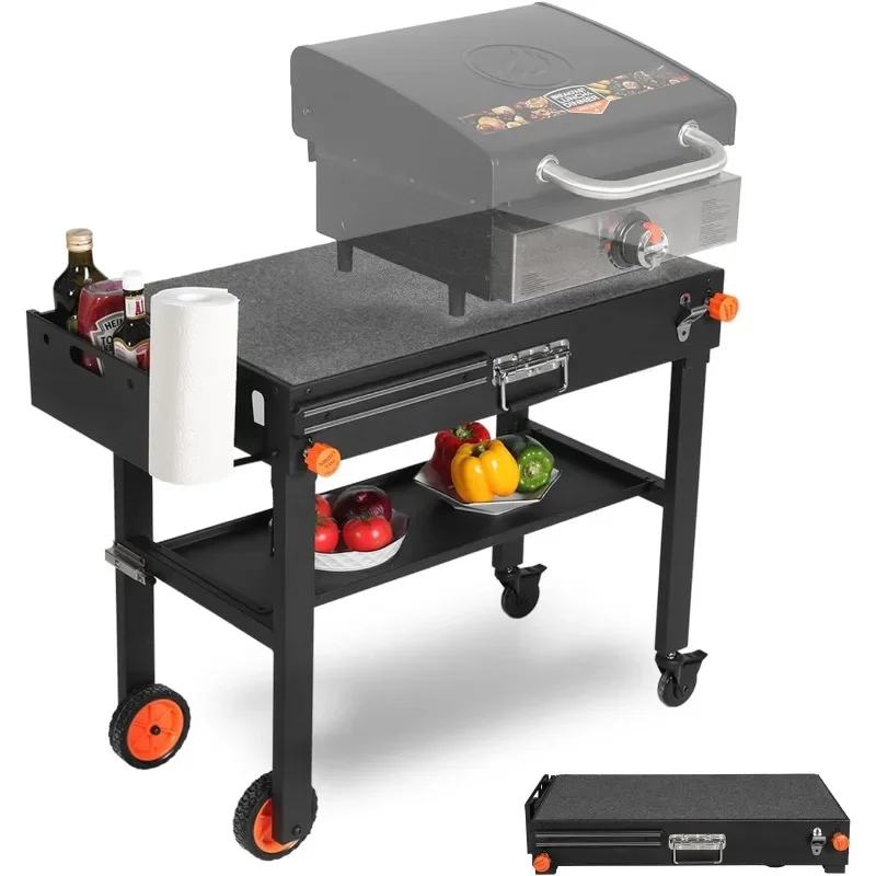 Folding Grill Cart Solid and Sturdy, Blackstone Griddle Stand Large Space, Blackstone Table with Paper Towel Holder