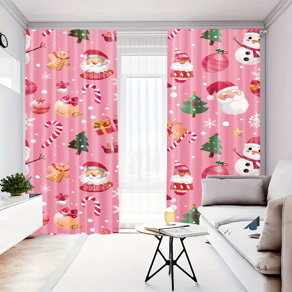 

2pcs Set Cartoon Santa Snowman Christmas Curtains Semi-Blackout Heat Insulation Rod Pocket Design for Room Bedroom Living Room