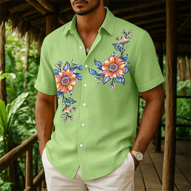 Mens Summer Beach Button Down Shirt Floral Casual Holiday Yellow Pink Navy Green Lapel Shirt Summer Outfit With Pockets - Image 3