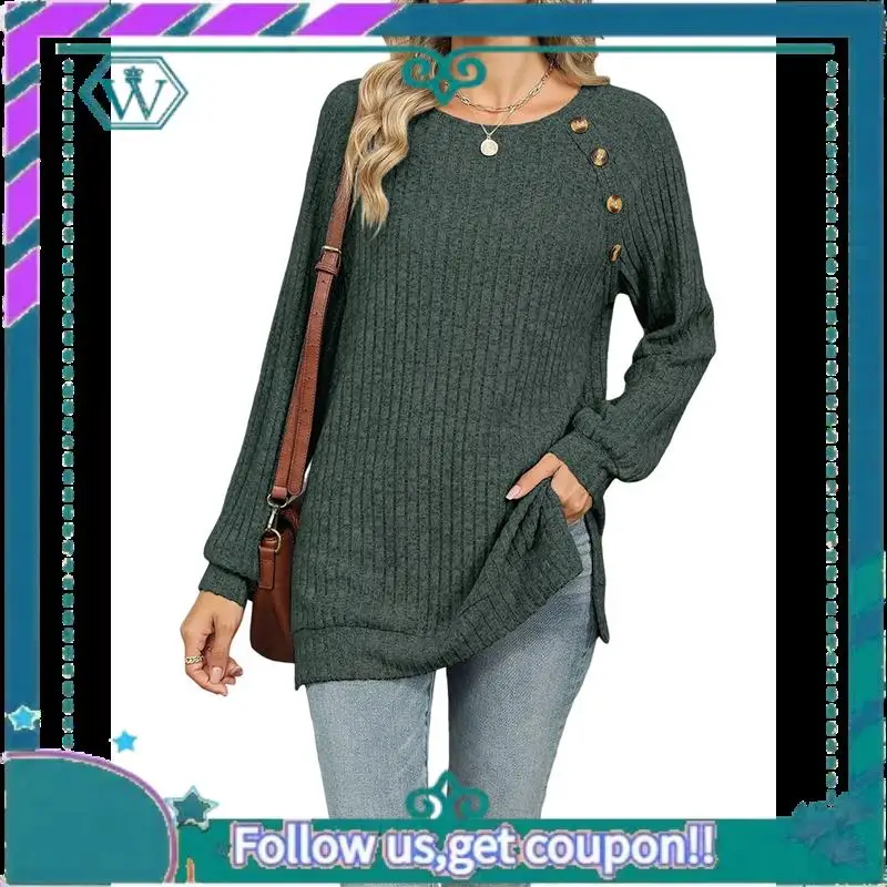 

A09P Long Sleeve Shirts For Women Ligh-Tweight Button Decor Tunic Tops Side Split