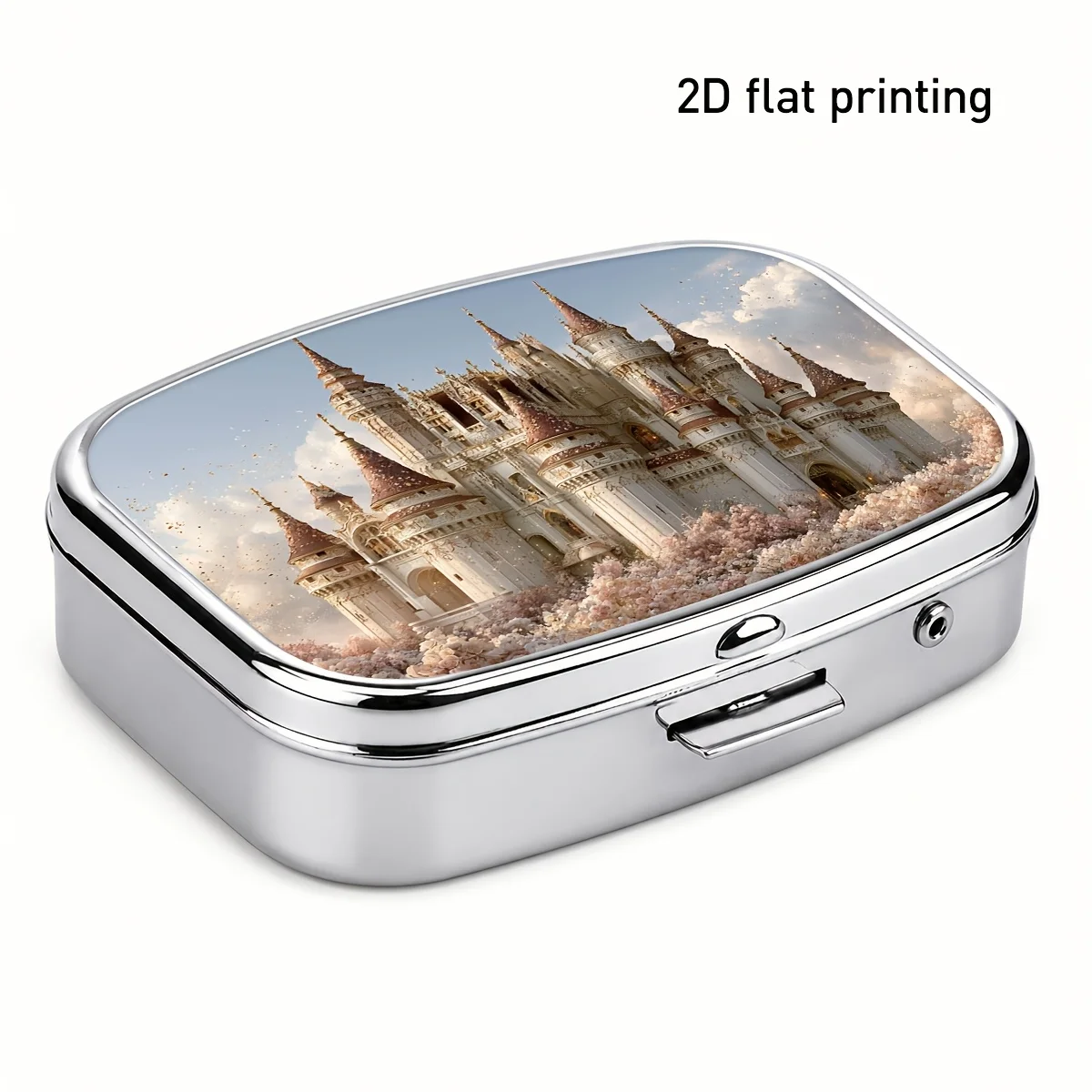 White Cloud Castle Pattern Square Metal Small Pill Box, Visually Gentle and Elegant, Combining Both Decorative and Practical Functions, Two-Compartment Portable Storage Box, for Organizing Small Items, Jewelry, Medicines, and Vitamins on the Go, with a Compartment Design for Easy Access, Suitable for Carrying in a Handbag or Luggage, Perfect for Daily Travel, Beautiful and Durable.