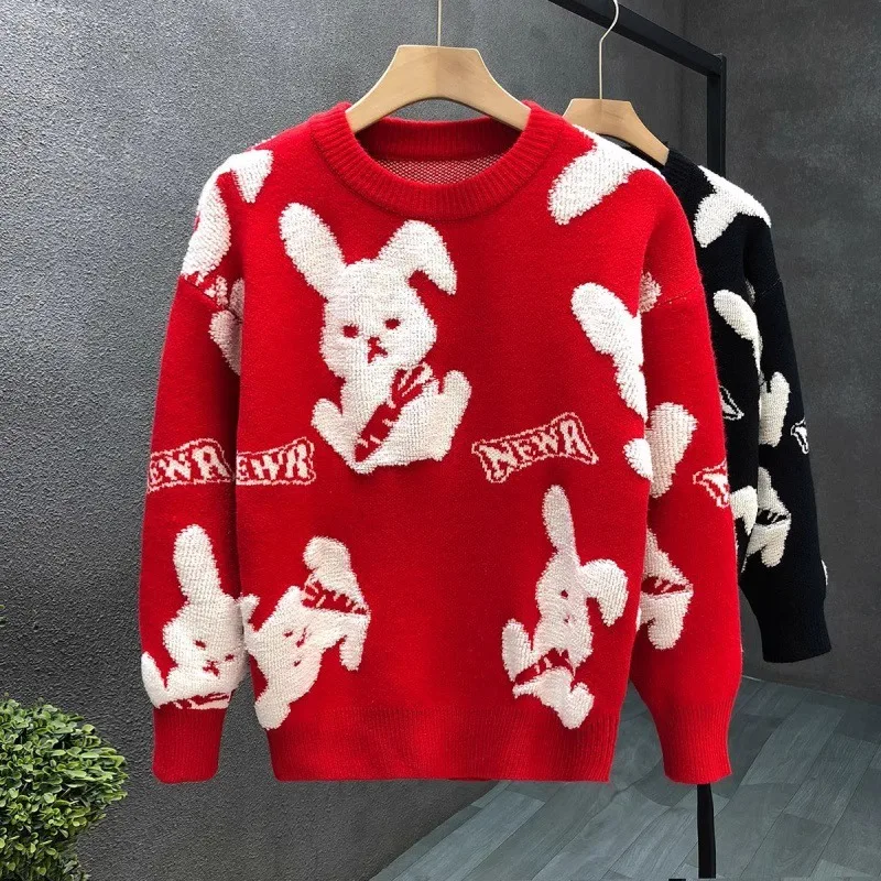 

Red Thiened Knitted Sweater for Men Winter Inner Wear Rabbit Embroidery Base Layer Faionable Youthful round Ne Long Sve