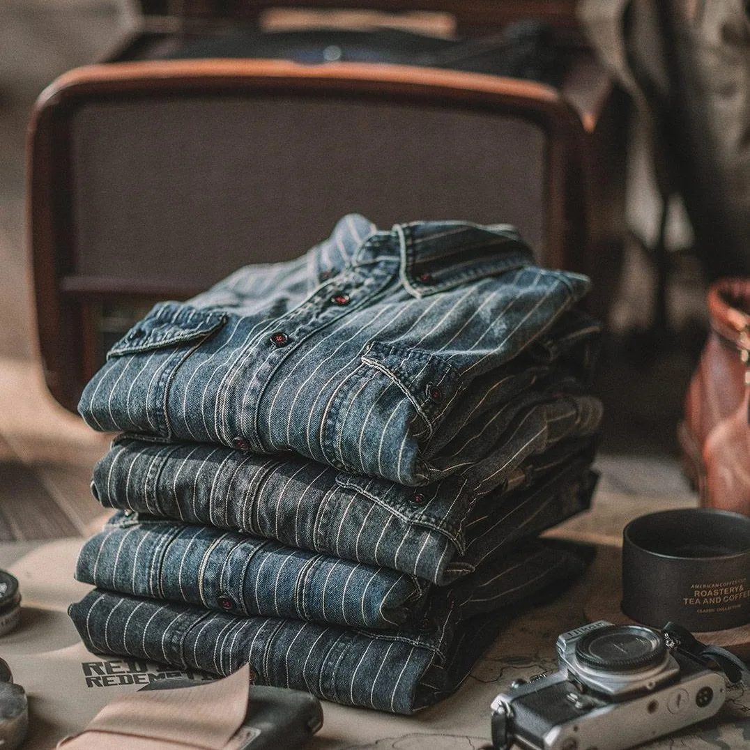 

American Retro Striped Men's Denim Shirt Cotton Black Blue Long Sleeved Shirt Loose Casual Man Coat Top