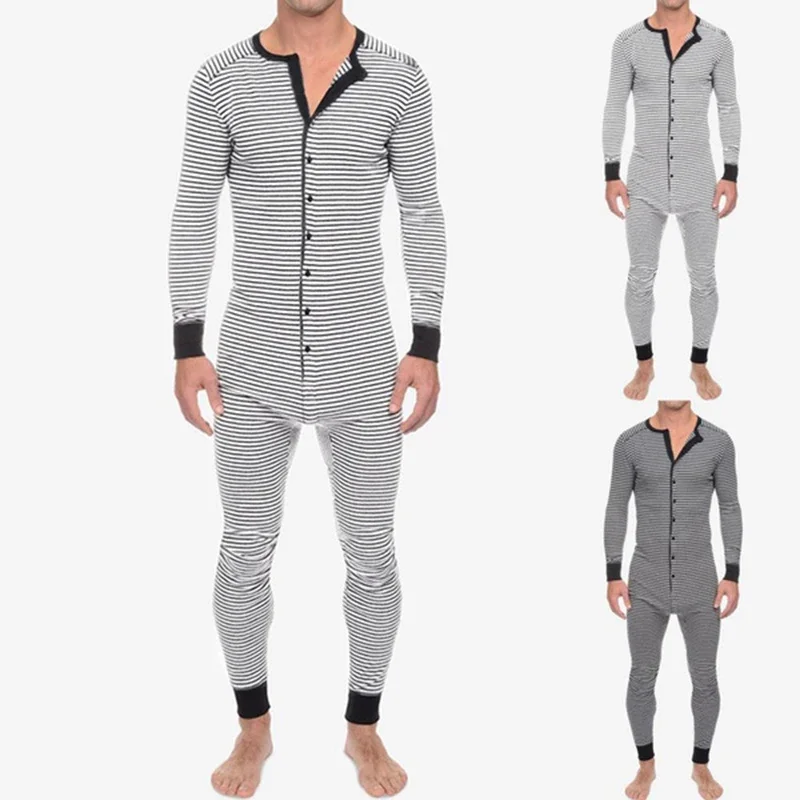 Men Skinny Striped Jumpsuit Underwear Pajama Long Sleeve O Neck Buttons Romper Sleepwear Overall Homewear