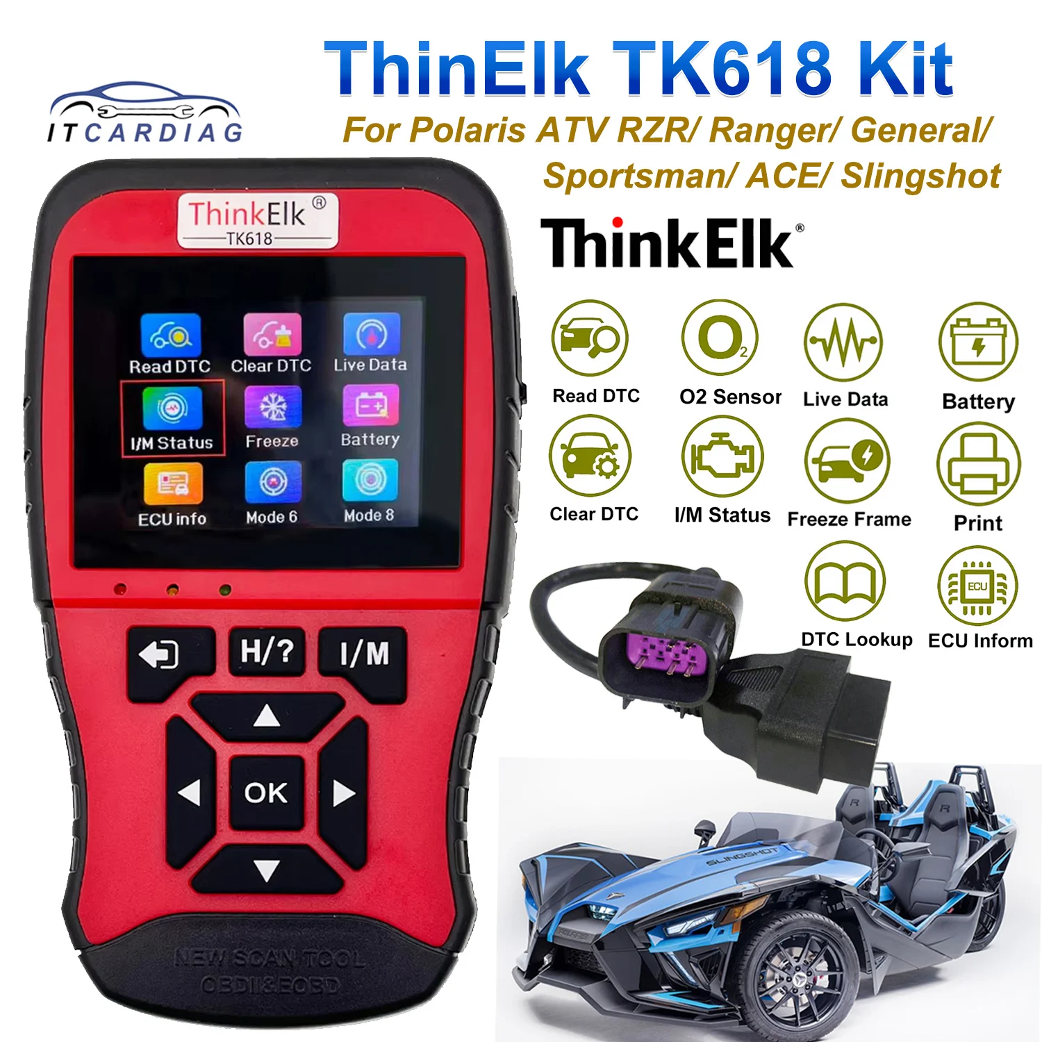 THINKELK TK618 Kit Car OBD2 Scanner for Polaris ATV RZR Ranger General Sportsman Check Engine Code Reader Car Diagnostic Tool