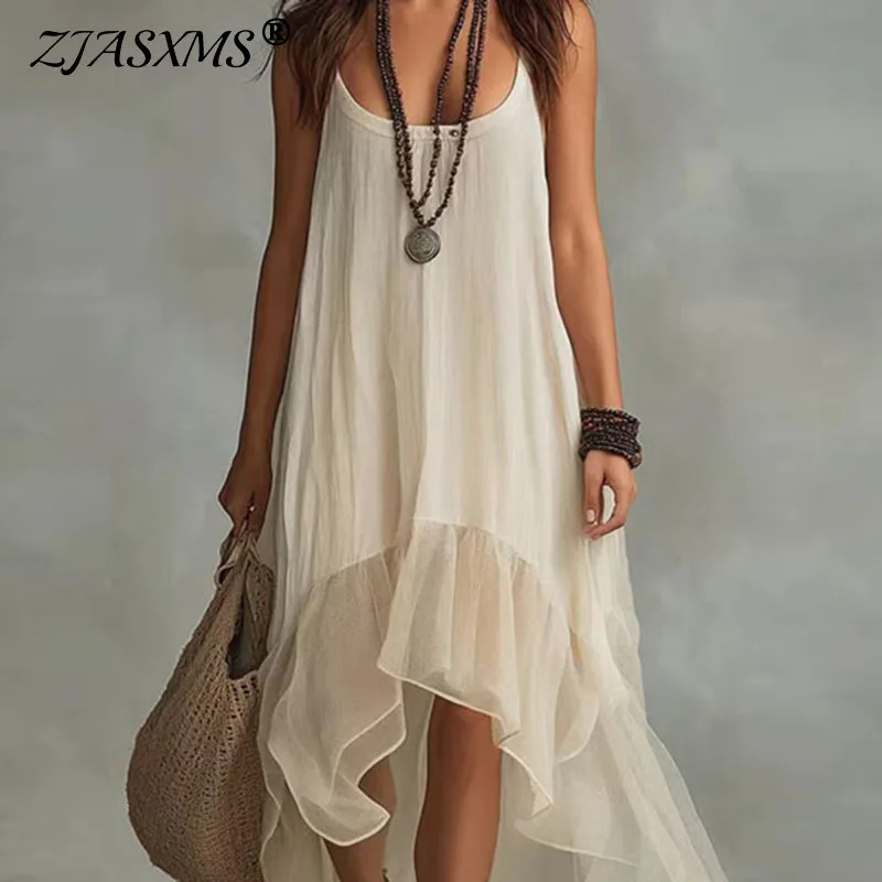Boho Einfarbiges Ärmelloses Maxikleid für Damen mit Rundhalsausschnitt, Spaghettiträgern, High-Low-Schnitt, Unregelmäßigem Rüschensaum, Fließendes Casual-Strand- und Urlaubskleid