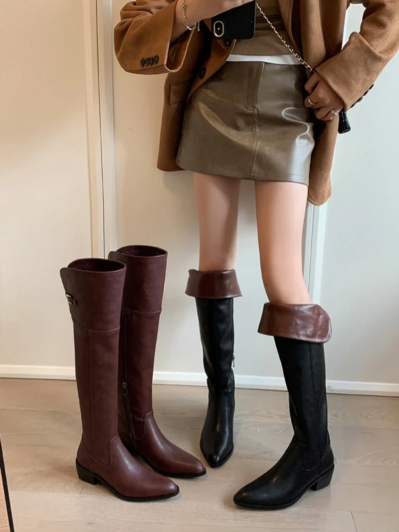 Sharp-Toed Chunky Knight Boots Leather Knee-High Botas Side Zipper Thigh-High Heels With Flanged Folding Back Buckle Heels Shoes