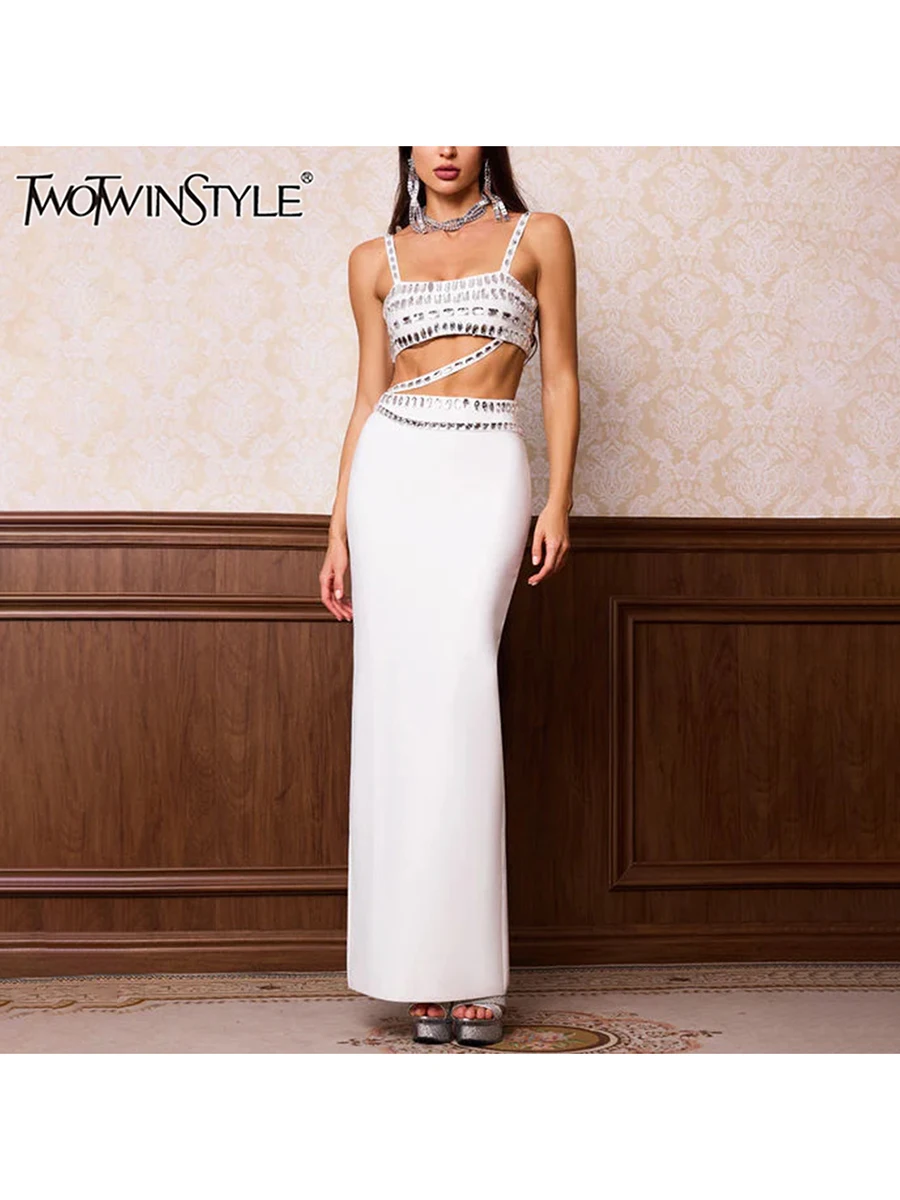 

TWOTWINSTYLE Solid Spliced Diamonds Two Piece Set For Women Square Neck Sleeveless High Waist Slimming Skirts Female Fashion New
