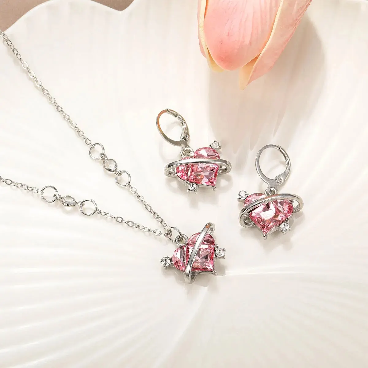 Y2K Crystal Pink Heart Necklac Earring Set Fashion Kpop Shiny Clavicle Chain for Women Girls New Trend Party Gifts Jewelry 2023