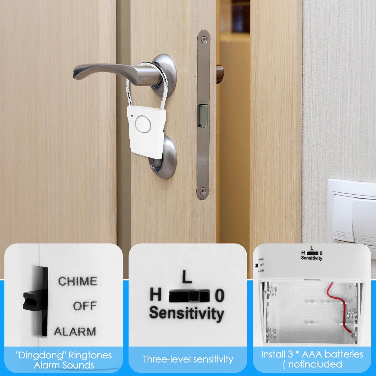 Smart Door Handle Alarm 110dB Door Security Alarm with Adjustable Settings Portable Window Alarm Ultra-Slim Detector for Travel