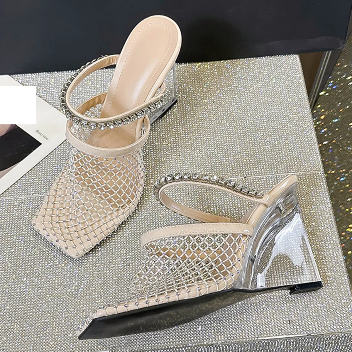 

Eilyken Sexy Crystal Diamond Square Toe Women Slippers Designer Transparent Wedges High Heels Banquet Party Summer Shoes