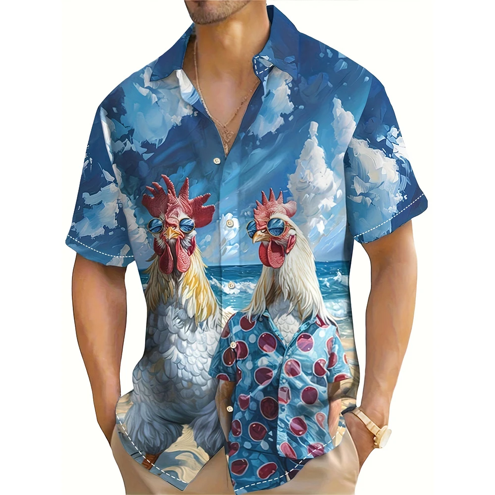 

Summer Shirt Men Large Size Lapel Button Up Short Sleeve Top Hawaiian Vacation Casual Shirt Fashion Cartoon Chicken Print Shirt