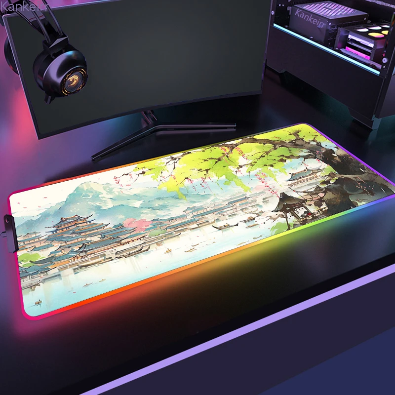 RGB Mouse Pad Guochao Landscape Style LED Green Mouse Mat Gaming Mousepad Office Pc Accessories Keyboard Support Backlight Mats