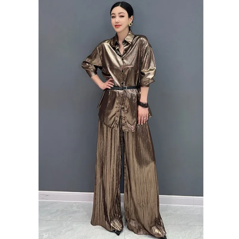 Vefadisa 2024 Summer New Purple Gold Women Sets Glossy Pleated Long Shirt With Belt Wide Leg Pants Two Piece Sets Fashion HLX351