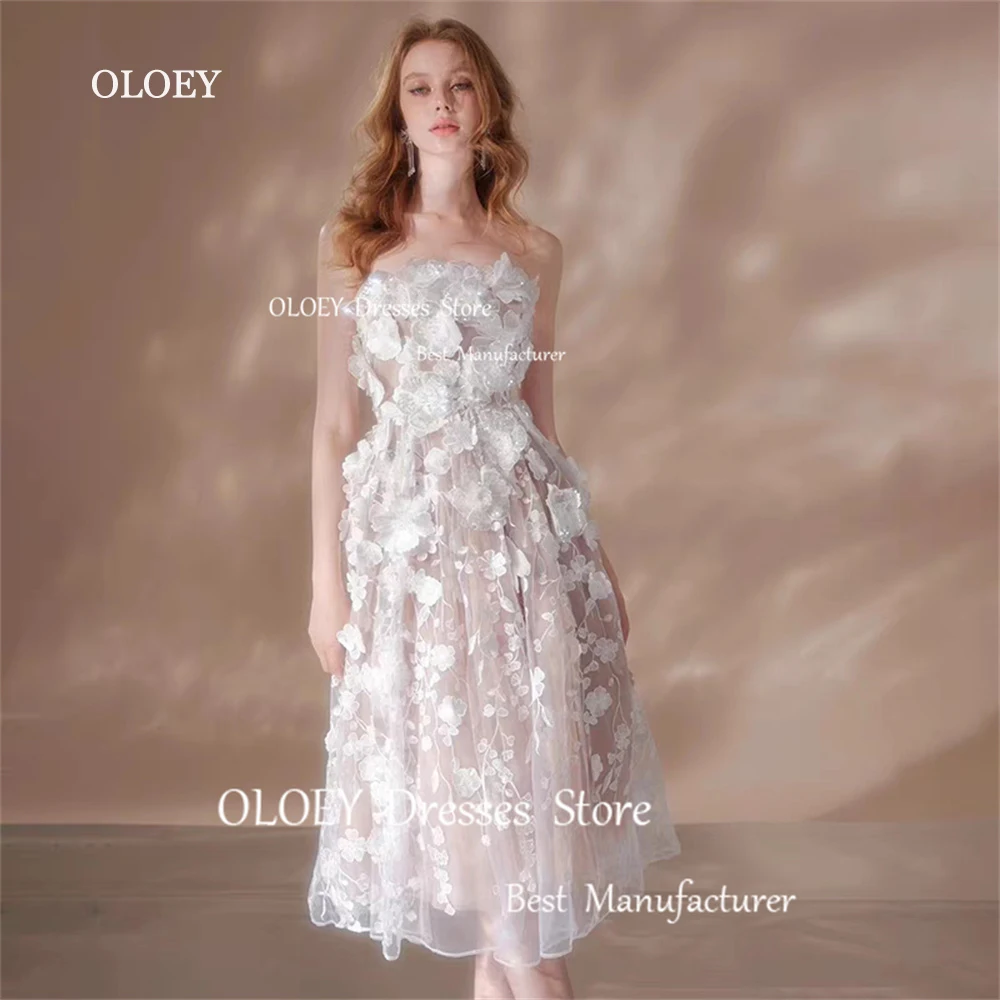 

OLOEY Exquisite Strapless Glittery Prom Dress Wedding Photoshoot Party Gown 3D Appliques Silky Tulle Evening Dresses Custom Made