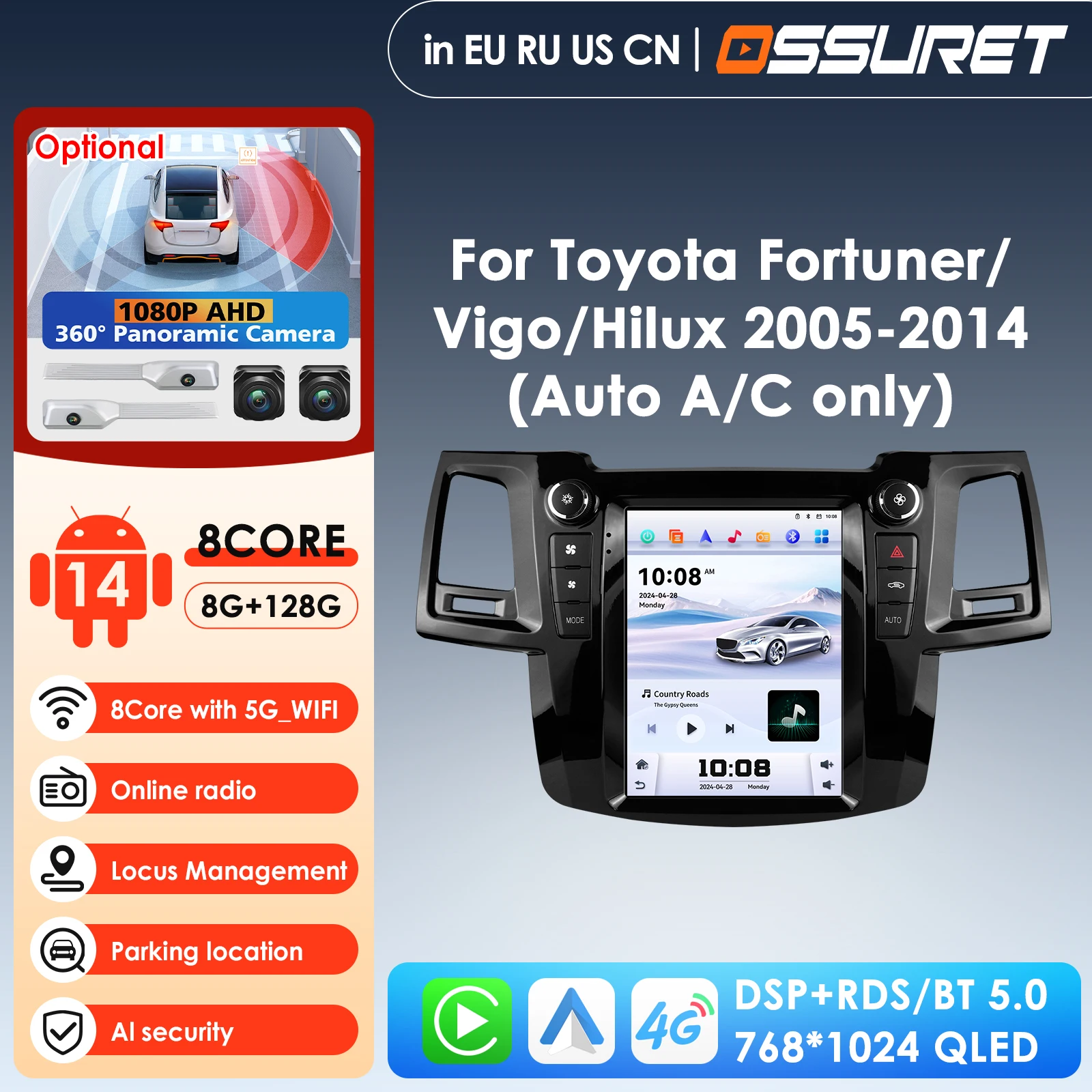 

9.7 4G Carplay Android Auto Car Radio for Fortuner 2005 - 2014 Auto Hilux Vigo Video Player Autoradio 360° Camera AI