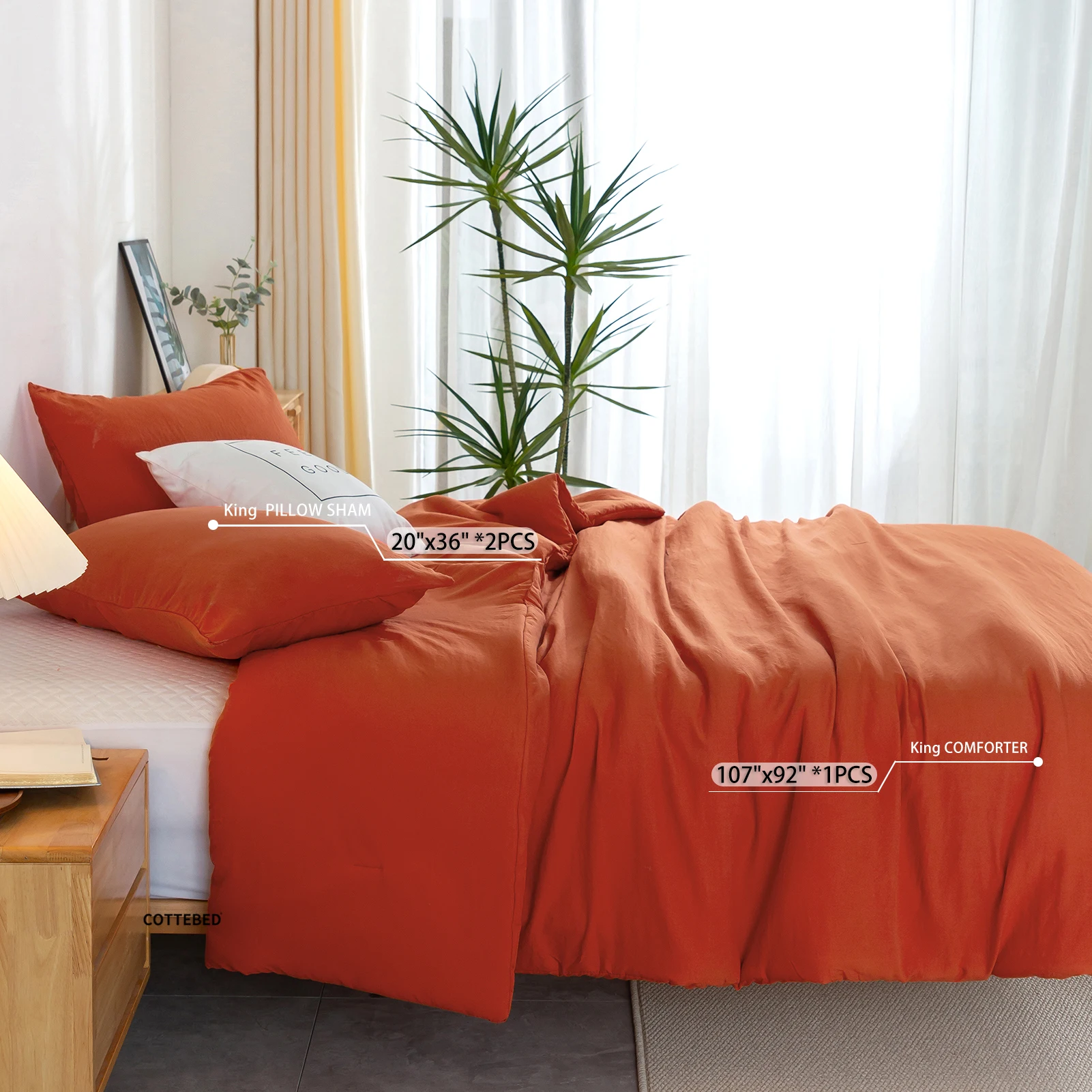 Bare Home Washed poly cotton Cover Set Ultra Soft Premium 3.3GCollection 3 Piece King Size,Burnt Orange，Two pillow Cover