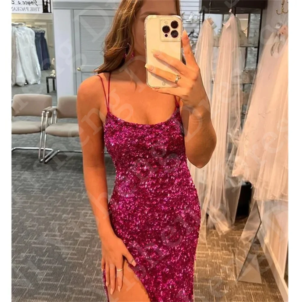 Glitter Sequins Sheath Evening Dresses 2024 Sexy Spaghetti Strap Sleeveless High-split Formal Party Dress Backless Long Dress