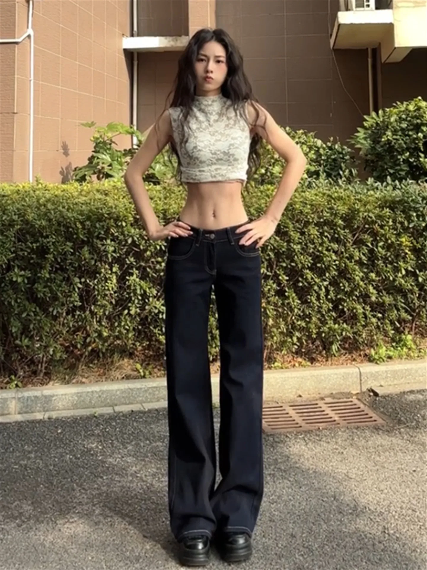 

Low Waist Flared Jeans Women's Loose Drapey High Rise Extended Floor Length American Street Style Deep Blue Spring Jeans