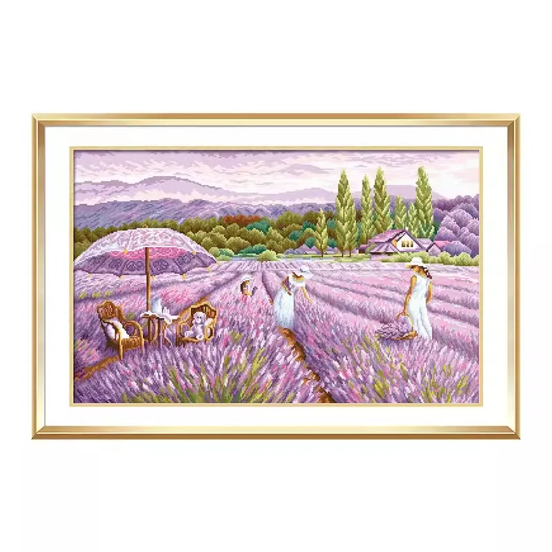 

14ct 45X67cm Lavender Manor Pre-Printed Cross Stitch DIY Embroidery Set Handmade Handicraft Floss Needle Crafts 46 Colors