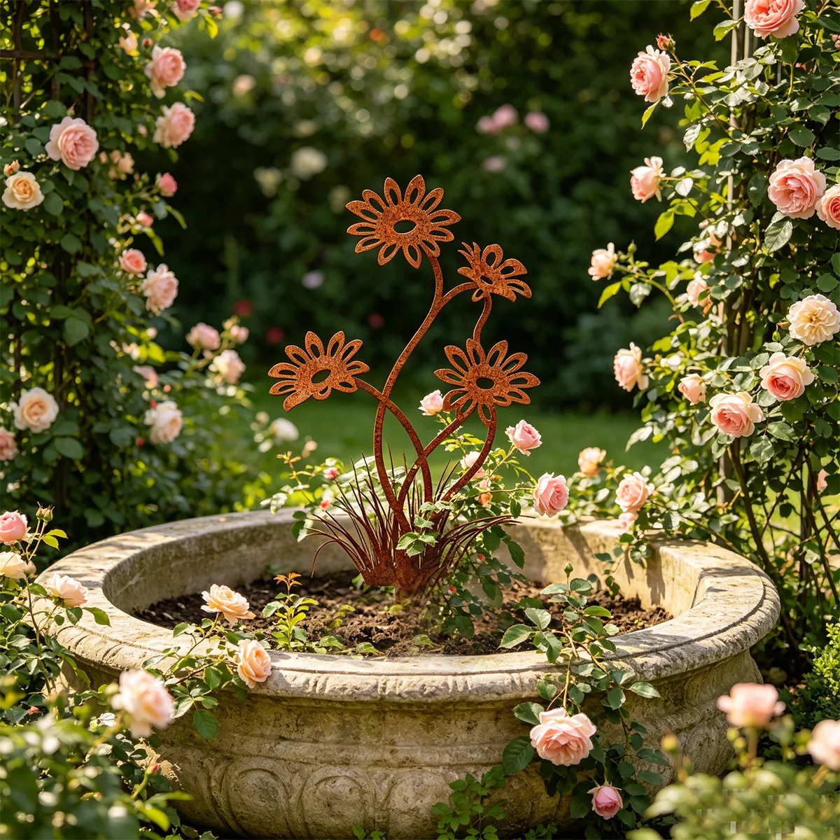 1Pc Wrought Iron Garden Decorative Stake, Rust-Colored Flower Silhouette, Decorative Stake, Plant Trellis, Rustic Style, Suitable for Outdoor Lawns, Courtyard Gardens, and Flower Bed Centerpieces.