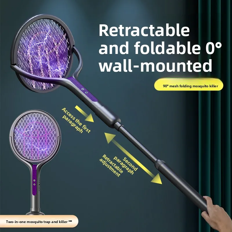 Electric Mosquito Racket With UV Light 2 In 1 Rechargeable Bug Zapper Telescopic Handle 90 Degree Rotating Head
