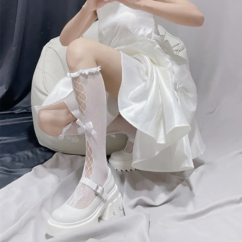 الأبيض الجوارب الطويلة النساء النمط الياباني لوليتا Bowknot الدانتيل تكدرت JK العجل جورب رقيقة شبكة جوفاء تنفس جوارب طويلة إلى الركب