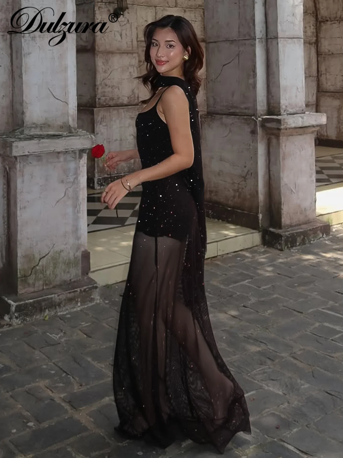 Dulzura Sommer Mode Sexy Backless Schlank Pailletten Schal Sheer Mesh Hosenträger Langes Kleid Frauen Solide Elegante Party Prom Kleidung