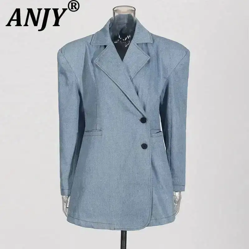 

ANJY Autumn Winter Women Fashion Temperament Denim Blazers High-End Office Lady Two-button Design Versatile Casual Jacket A11591