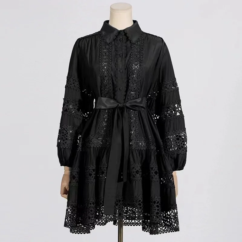 Robe chemise à revers en patchwork de dentelle française pour femmes, manches lanterne à boutonnage simple, évider, vêtements brodés à lacets, automne