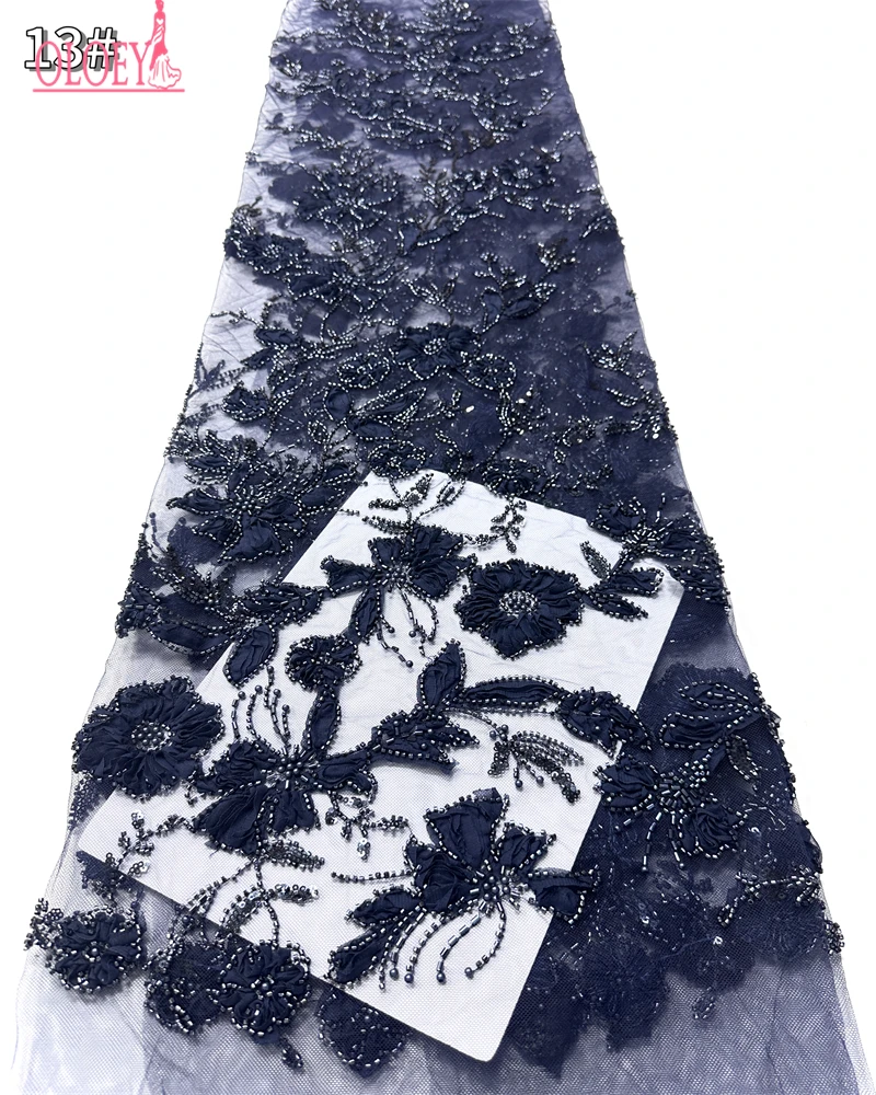 OLOEY Kain Renda Pesta Nigeria dengan Payet dan Manik-manik Afrika Berkualitas Tinggi 5 Yard Kain Tulle Prancis Afrika untuk Pesta Pernikahan