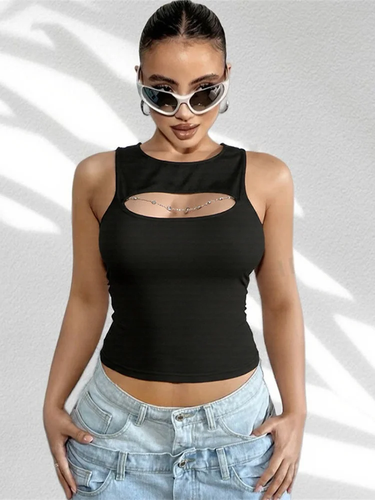 Nibber Hollow Vest Women Skinny Solid Elasticity Sleeveless Summer Street Fashion Simple Classic Versatile Sexy Midnight Tops