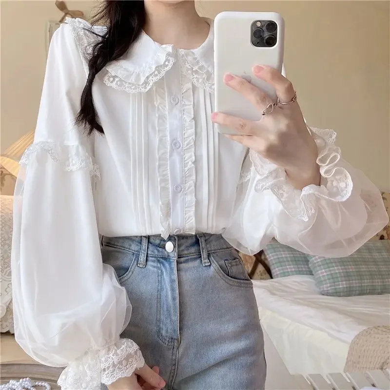 Blusas japonesas estilo lolita para mulheres e meninas, babados de renda fofos, camisas JK, pré-chique, kawaii, manga longa, doce